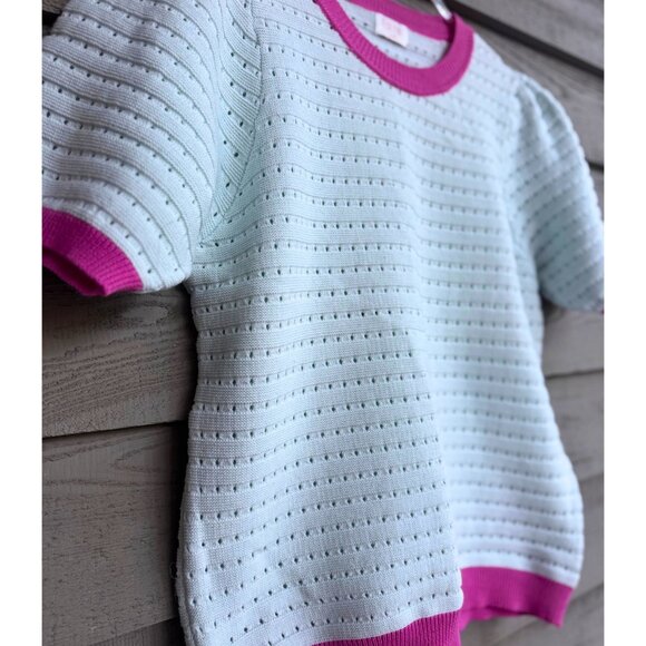 Fate Mint Green Pointelle Knit Short Sleeve Sweater Top with Pink Trim Large - Picture 10 of 10